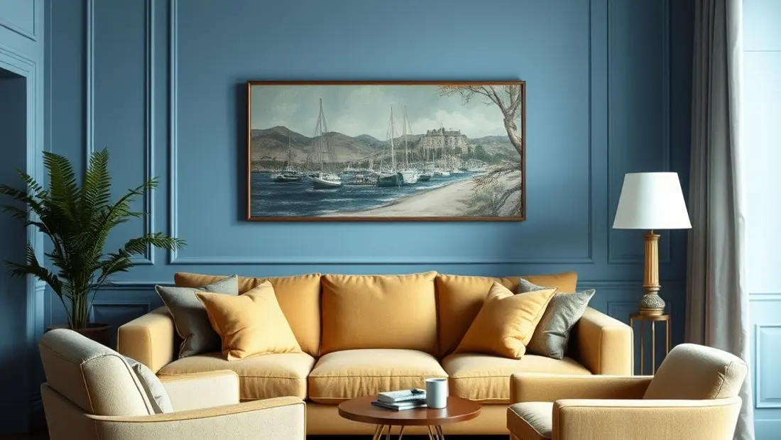 Intérieur de pièce avec murs bleu pastel et mobilier coloré.