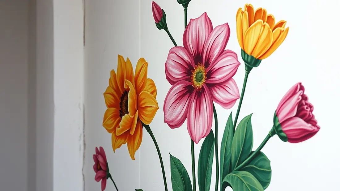 Peinture murale avec des fleurs colorées.