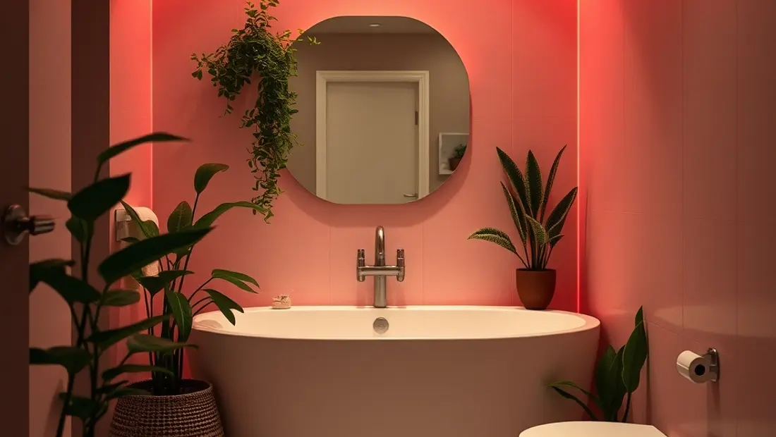 Salle de bain avec éclairage et plantes