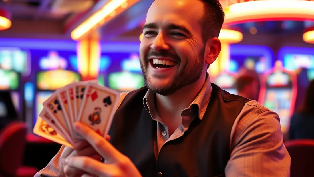 Un joueur heureux avec un gagnant de jeu.