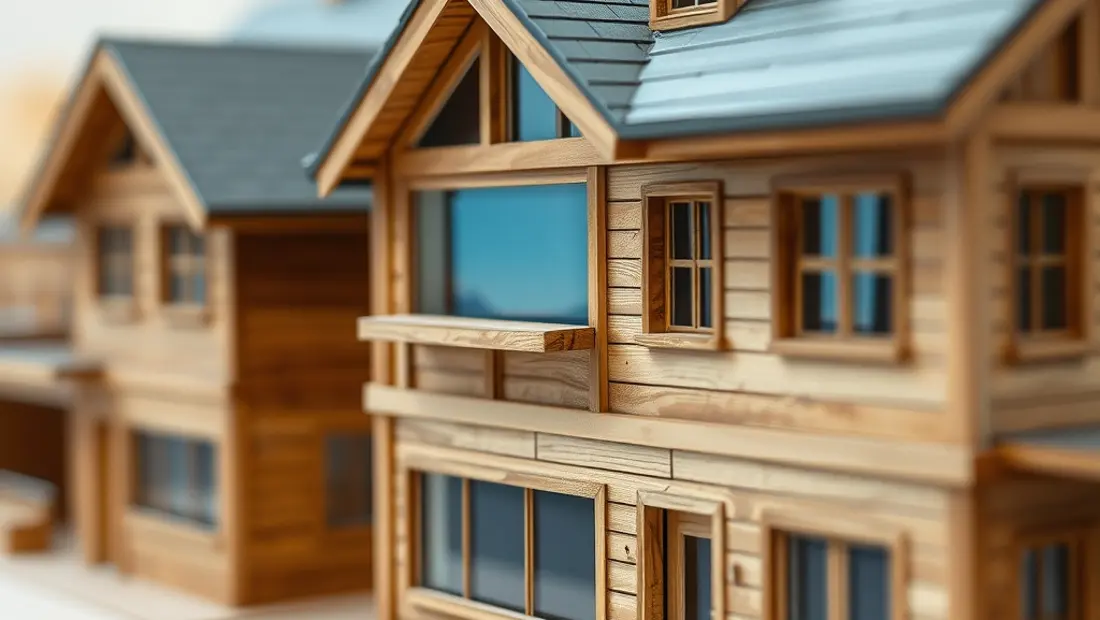 Maquette de bâtiment avec façade en bois.