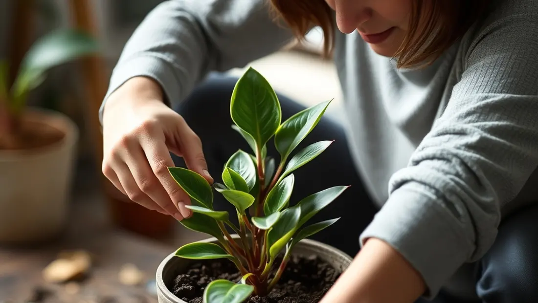 Une femme plante une bouture de Zamioculcas dans un pot