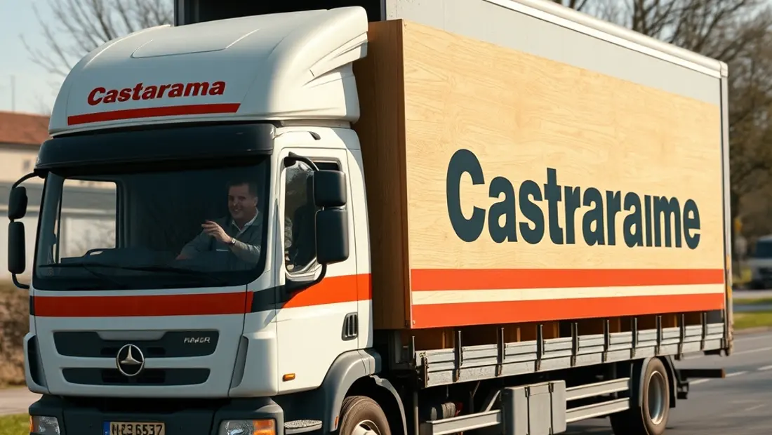 Un camion transportant un meuble avec un conducteur en arrière-plan
