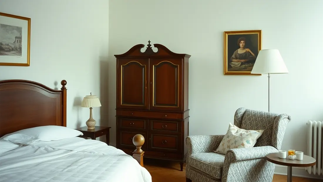 Intérieur d'une chambre avec lit, fauteuil et meuble