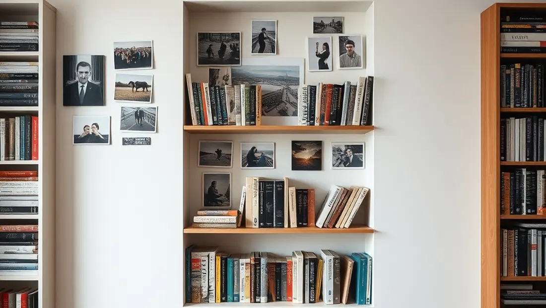 Livres et photos sur un mur