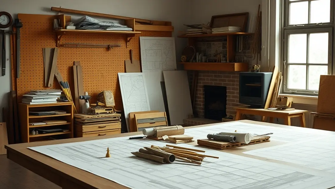 Réparation d'un bâtiment, plans et outils de construction.