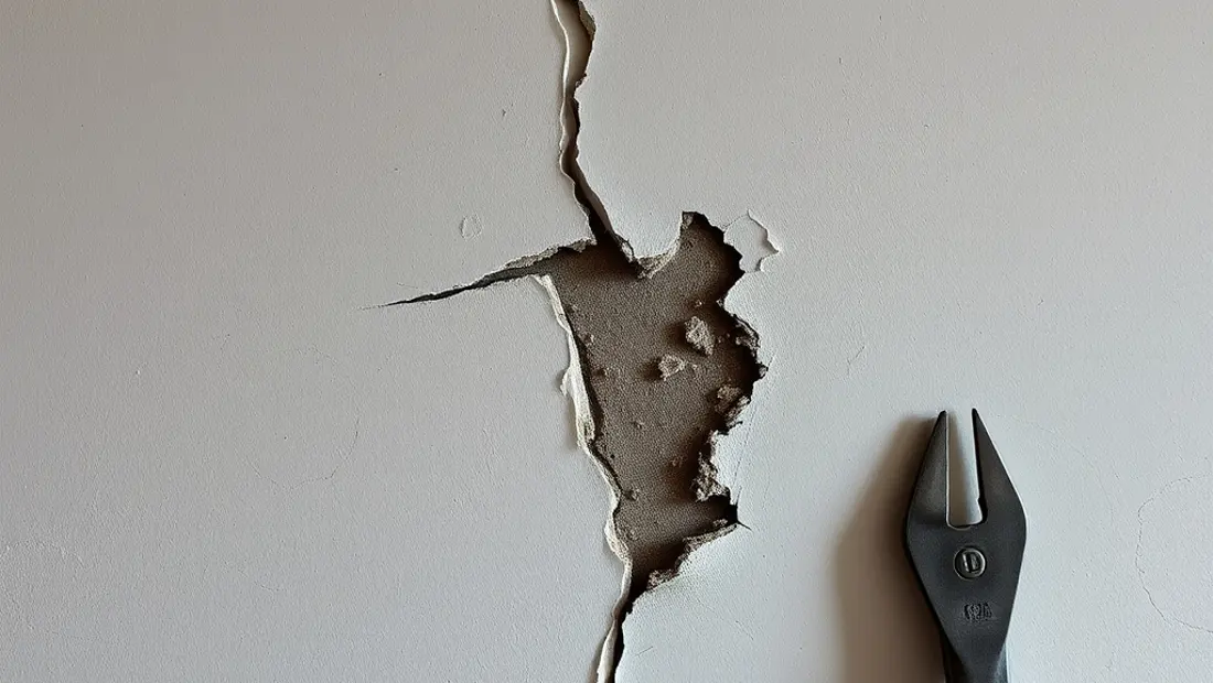 Dégâts sur un mur, réparation en cours.