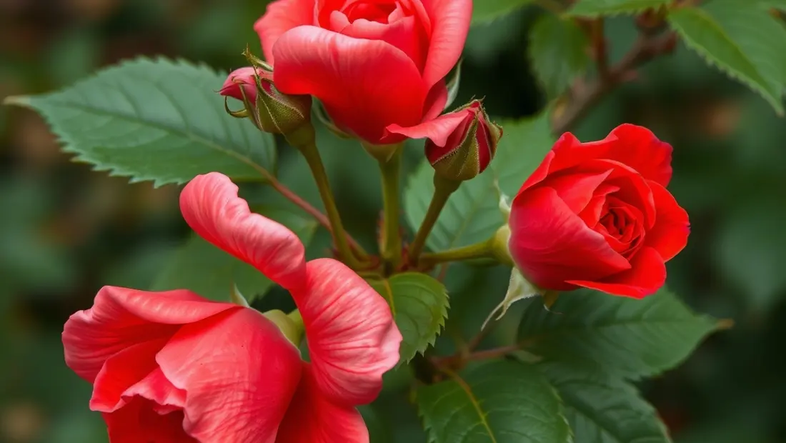Un rosier en fleur avec des fleurs rouges et des feuilles vertes.