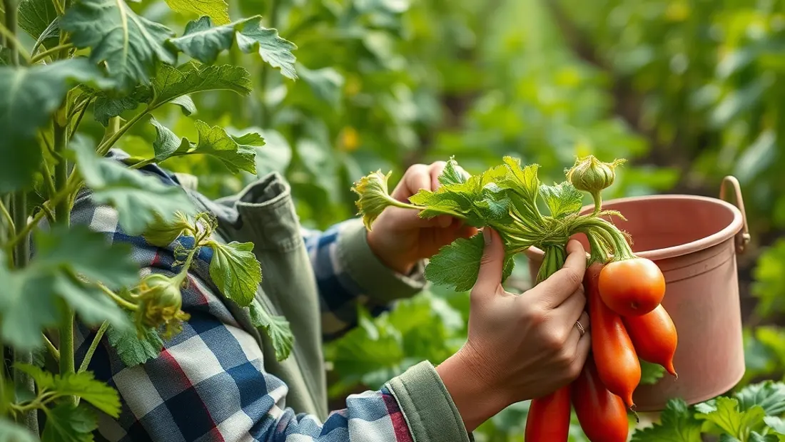 Jardinier taillant les tiges de légumes.