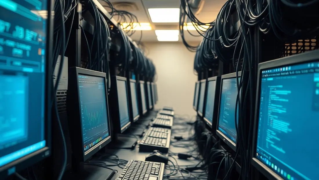 Réseau informatique avec ordinateurs et câbles