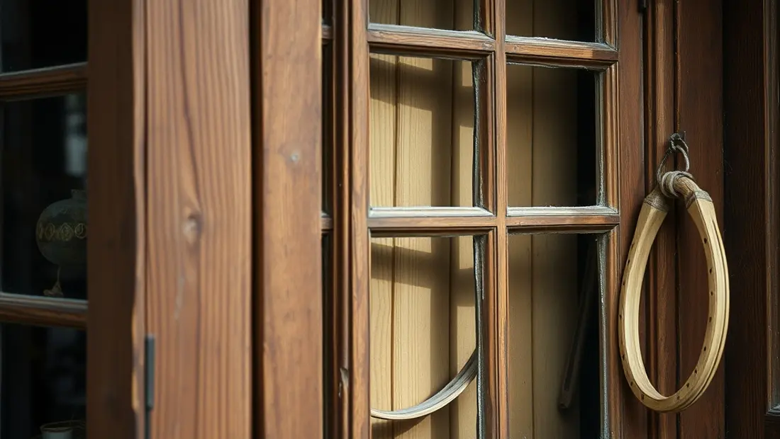 Store en bois avec rideaux déchirés.