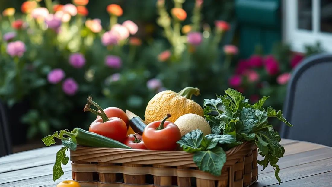 Fruits et légumes frais sur une table de jardin.