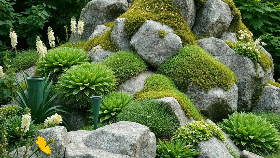 Jardin avec massif de plantes et roches