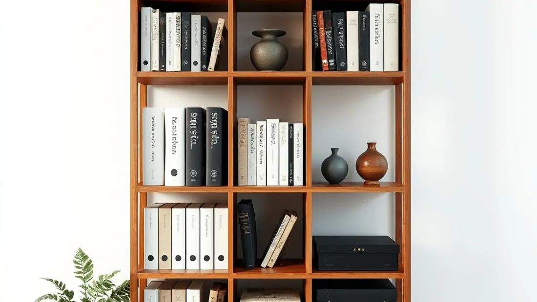 Étagère de bureau avec livres et objets.