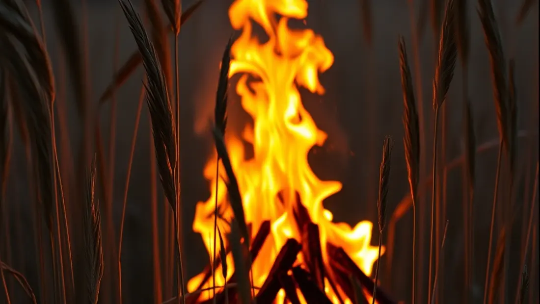 Feu de miscanthus avec flammes