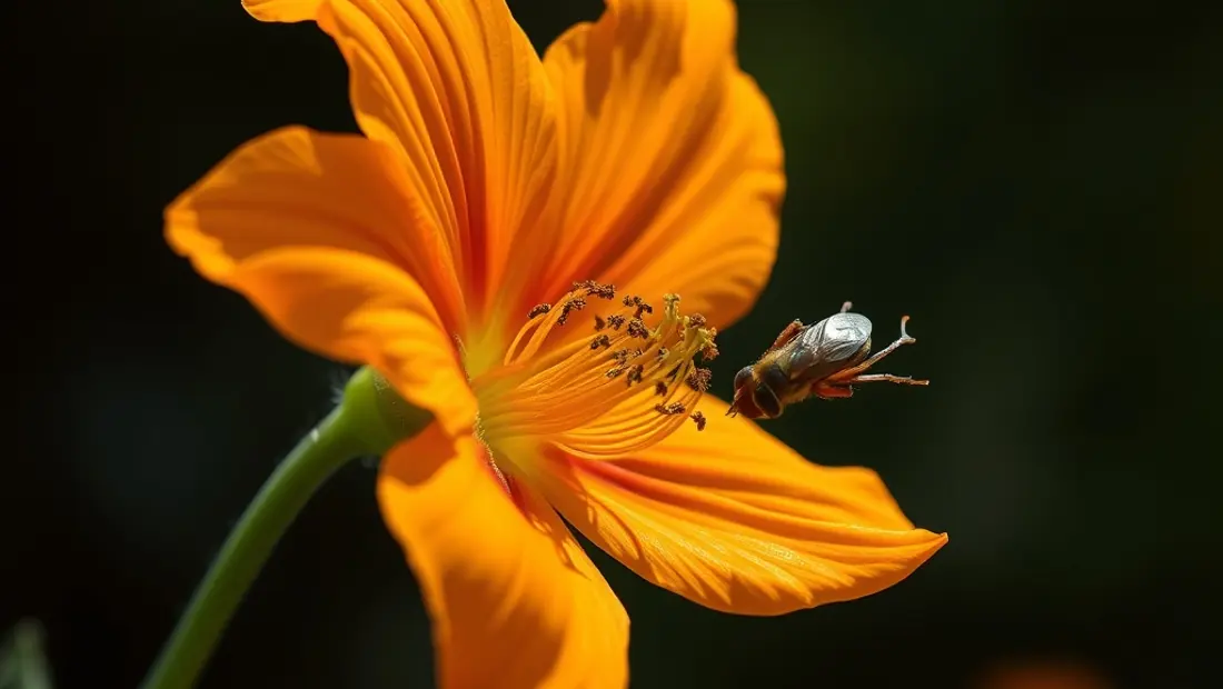 Fleur orange et guêpe s'éloignant
