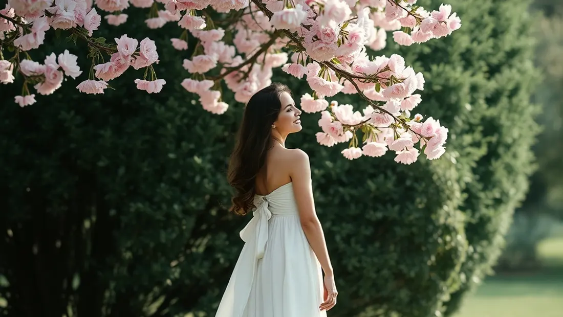 Femme sous un arbre fleuri.