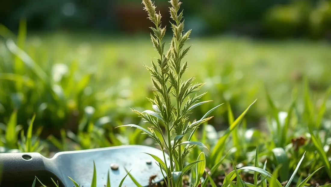 Herbe tenace dans un jardin avec outil de désherbage