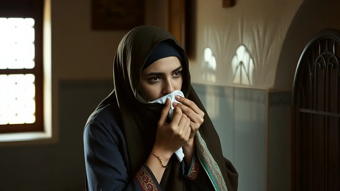 Femme nettoyant une mouchette dans une maison arabe