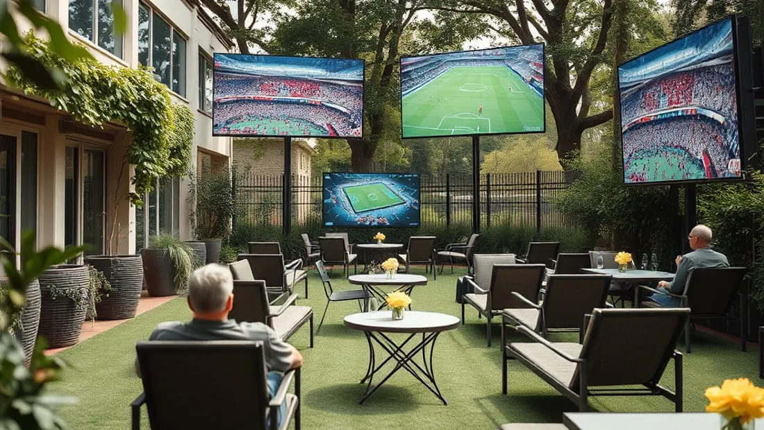 Jardin avec mobilier de jardin et écrans géants