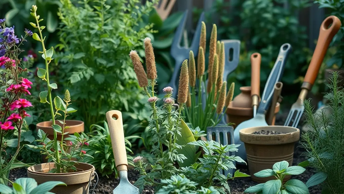 Jardin bien entretenu avec plantes et outils.