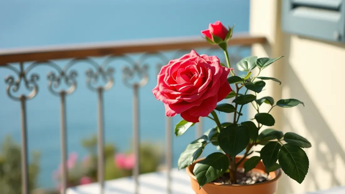 Laurier rose en pot sur terrasse ensoleillée.
