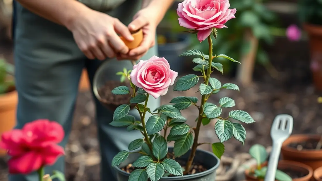 Jardinier fertilisant un laurier rose en pot.