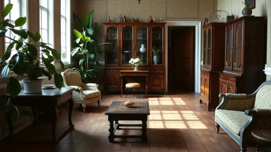 Parquet vieillissant avec meubles et plantes.