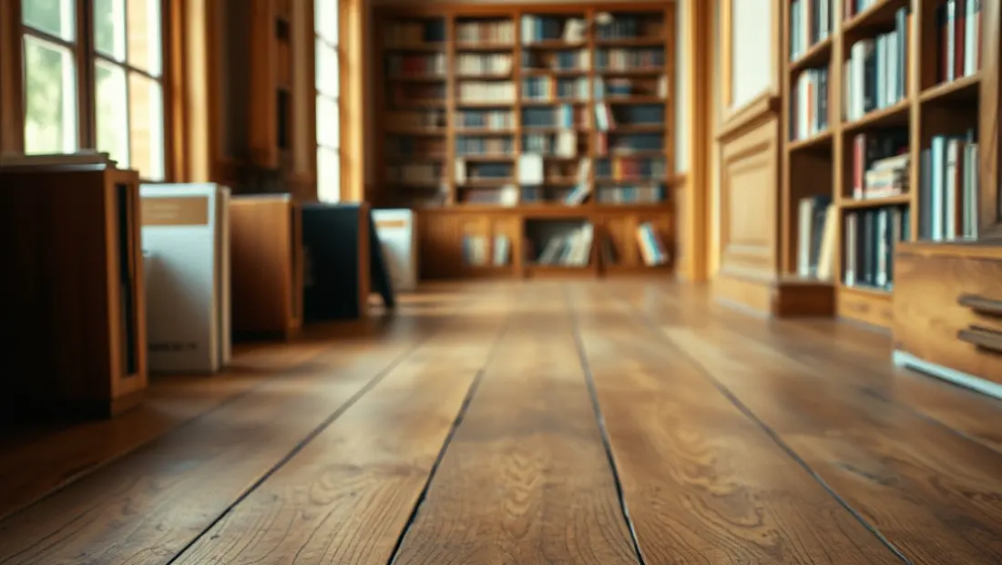 Parquet ancien avec craquelures et livres.