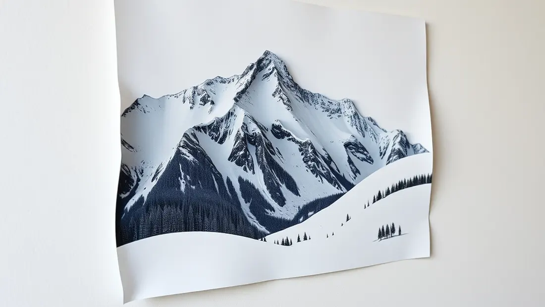 Détail de papier peint avec montagne enneigée.