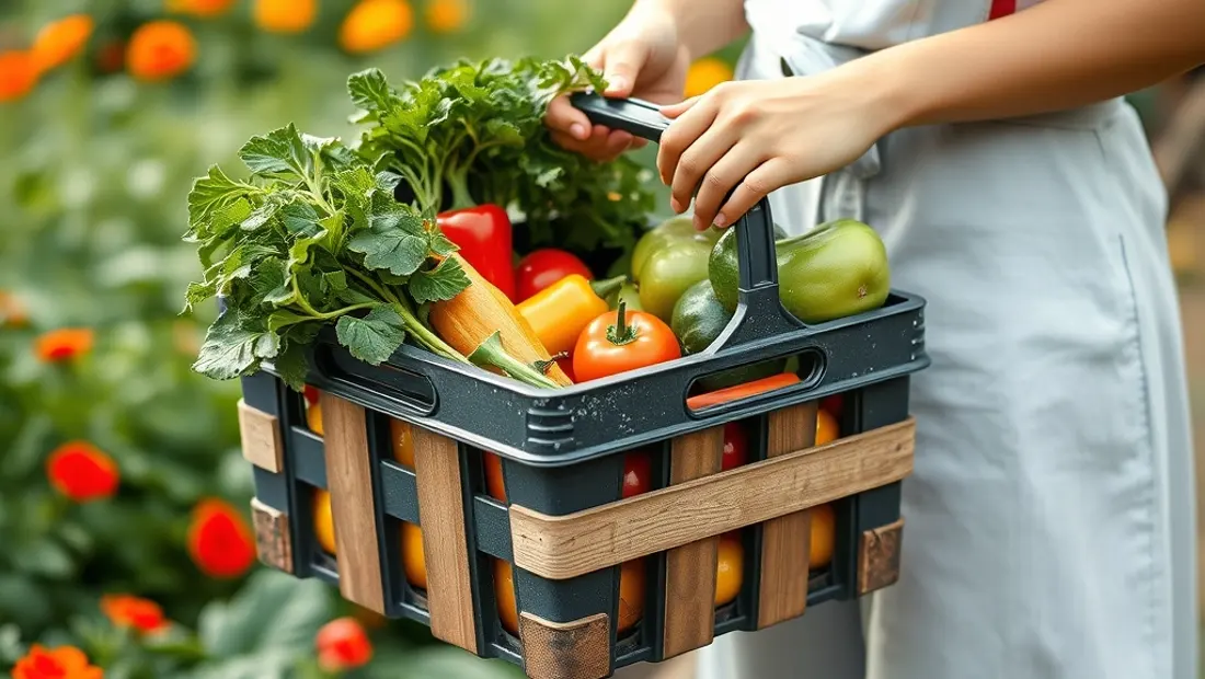 Une femme dans un jardin fleuri tient un panier de légumes