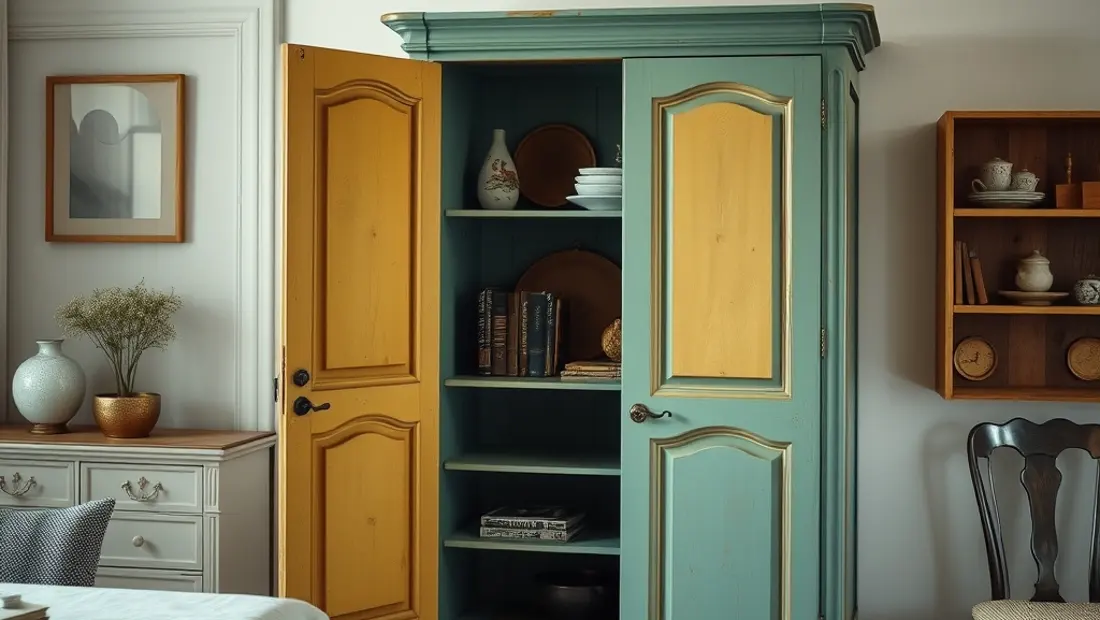 Armoire rénovée dans une pièce rustique.