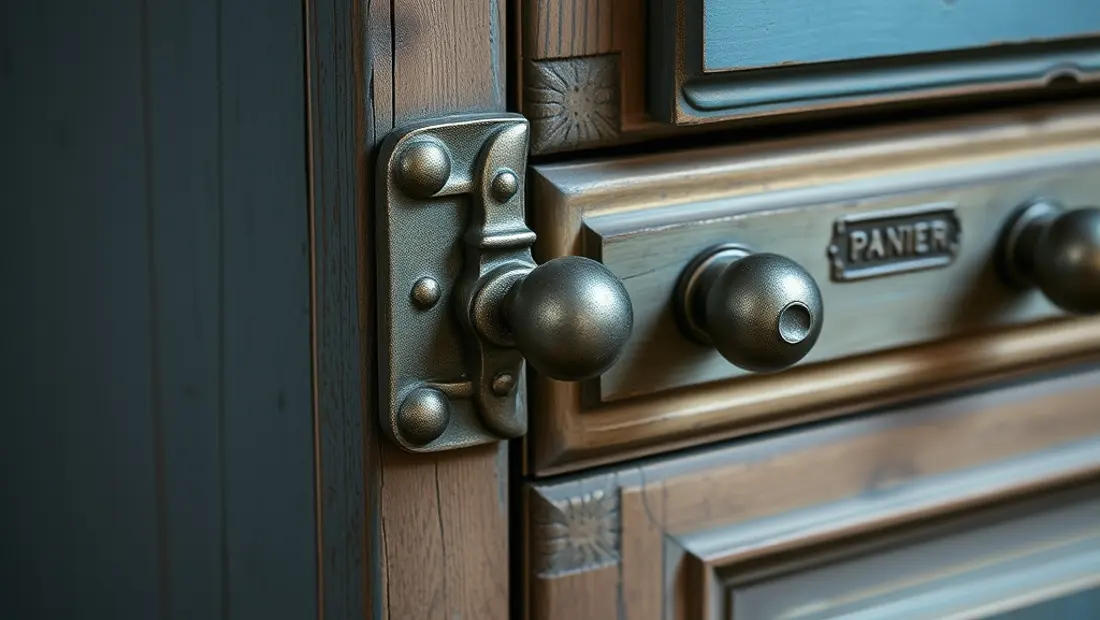 Détail de l'armoire avec poignées et tiroirs.