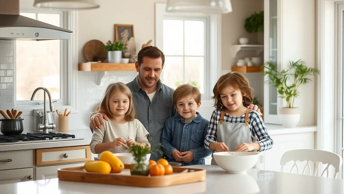 Famille dans la cuisine rénovée.