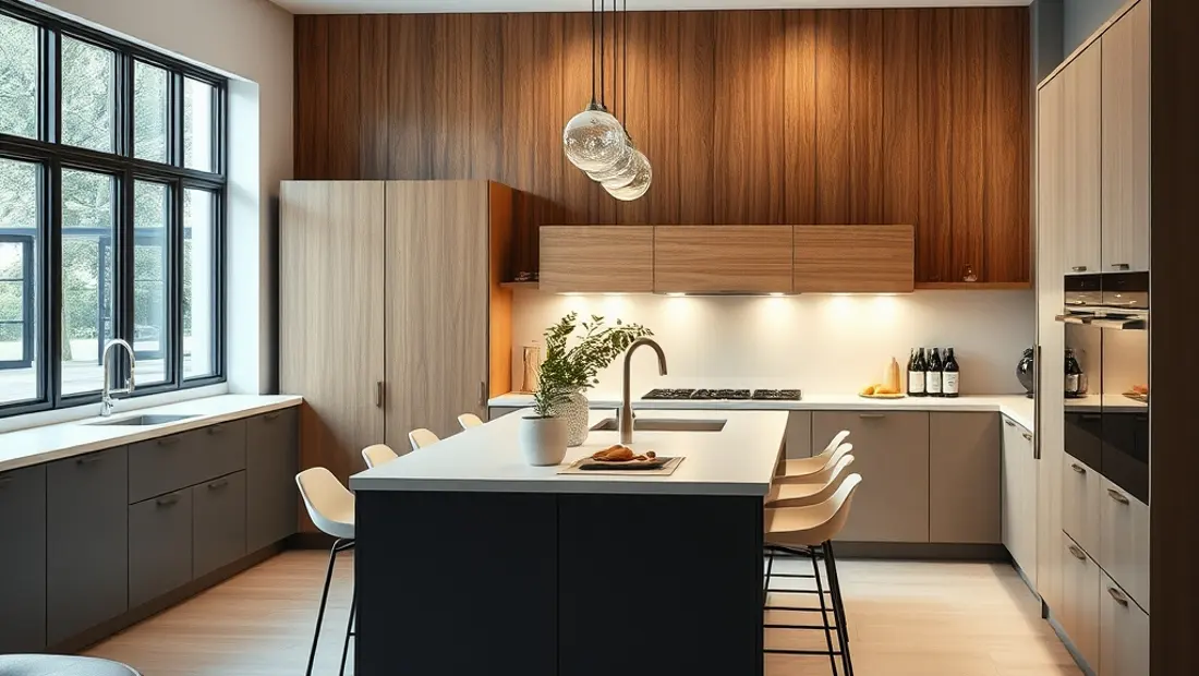 Meubles de cuisine modernes et île centrale.