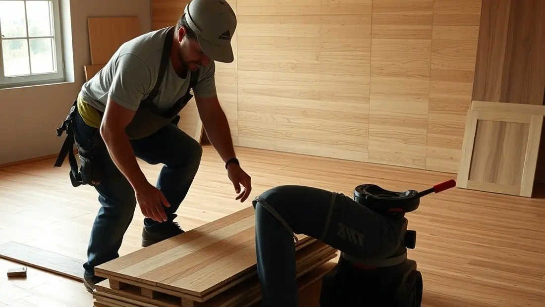 Ouvrier en train de poser un laminoir de parquet