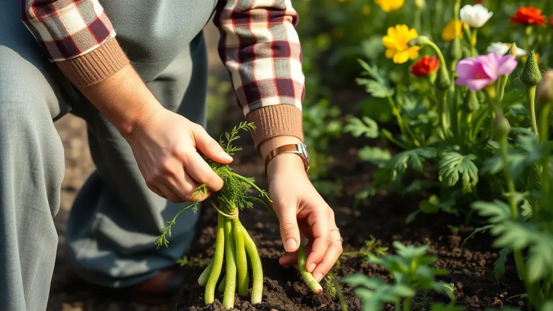 Jardinier plantant des haricots verts.