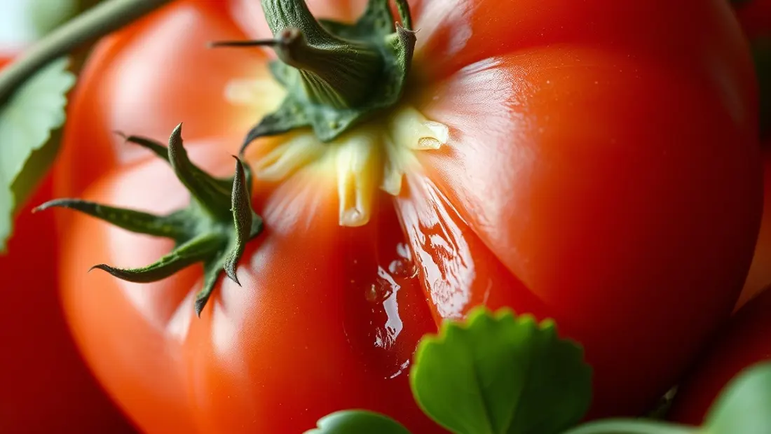 Tomate cerise intacte avec peau légèrement déchirée