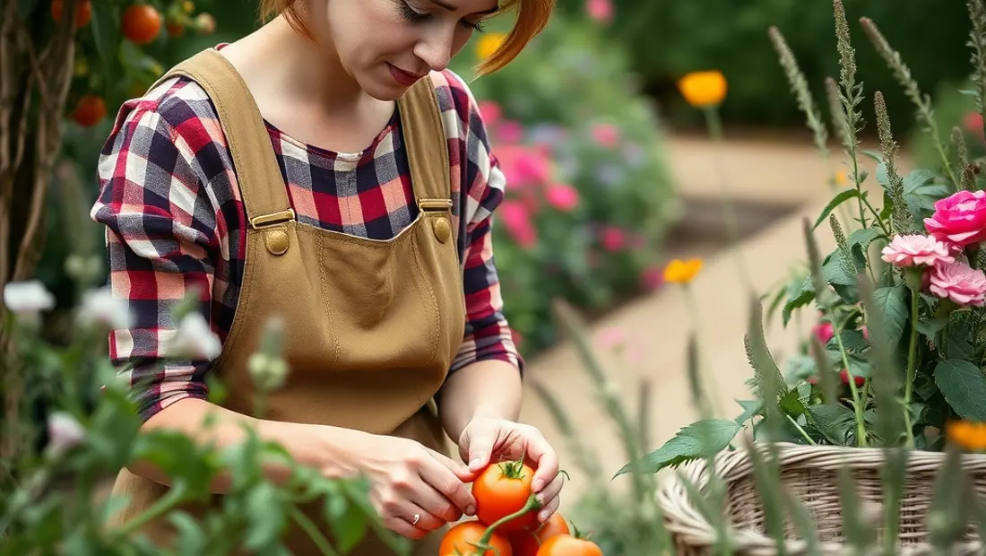 Une femme cueille des tomates dans un jardin fleuri