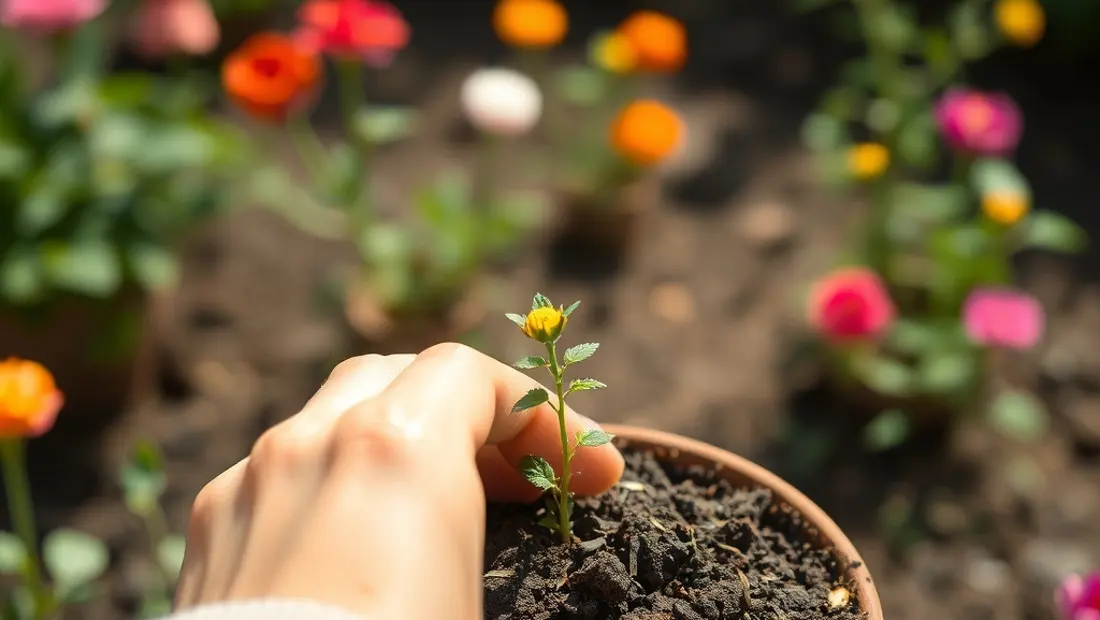 Une main plantant un petit pois dans un pot de terre