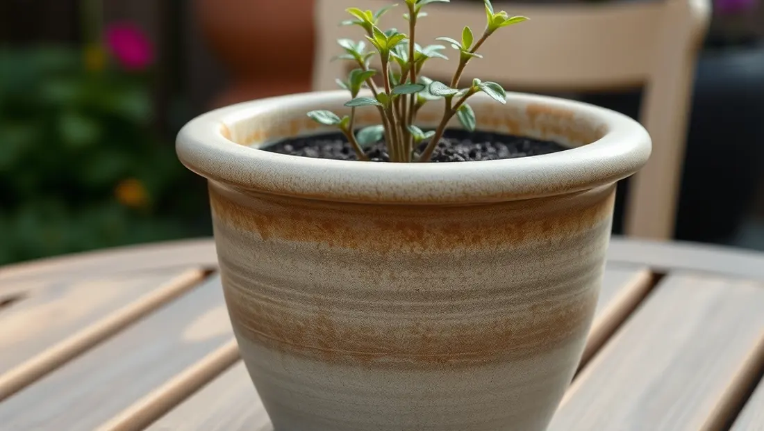 Cache-pot en céramique sur une table de jardin