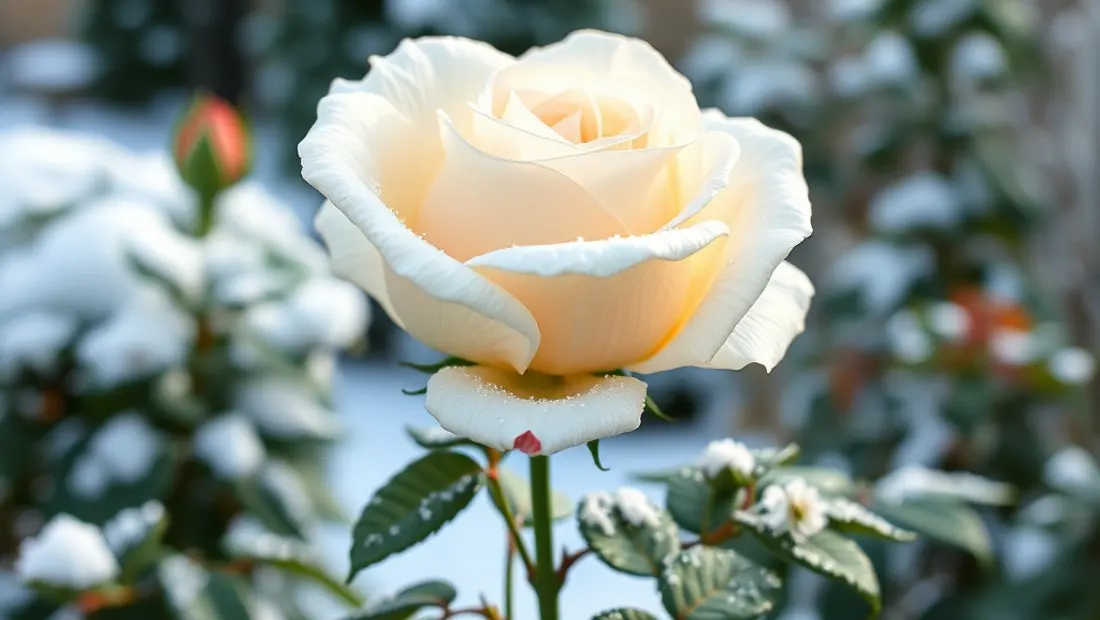 Rose blanche dans un jardin enneigé.