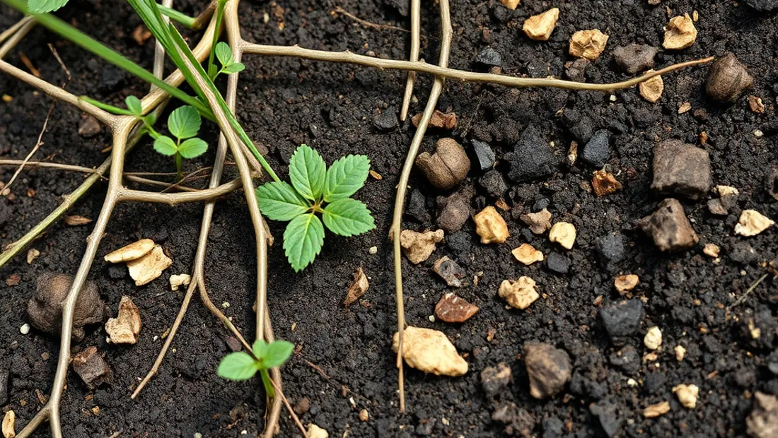 Sol argileux avec racines de plantes.