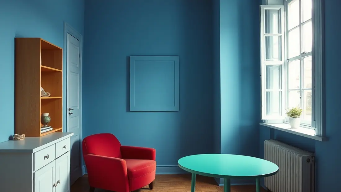 Chambre avec meubles de couleur vive.